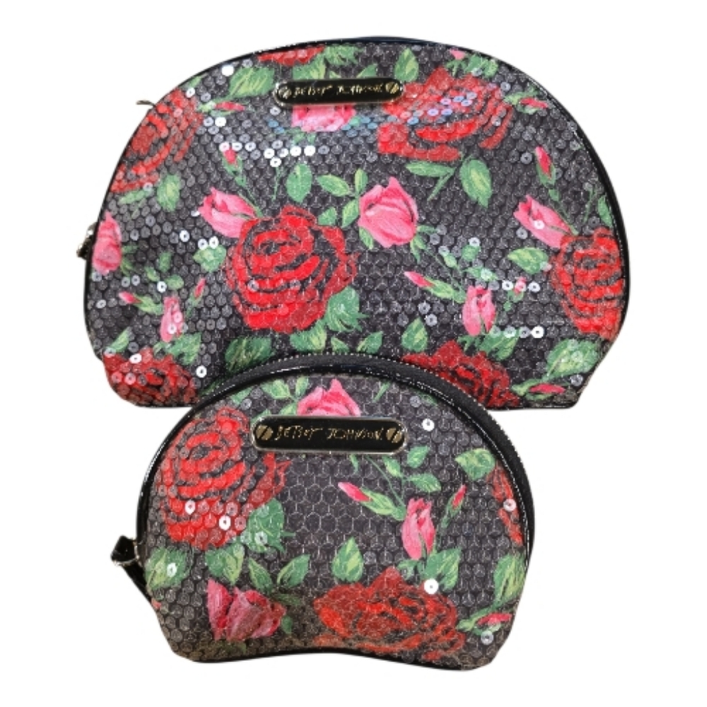 Betsey Johnson Sequined Rose Cosmetic Bag Set of 2 Black Floral Zip Closures